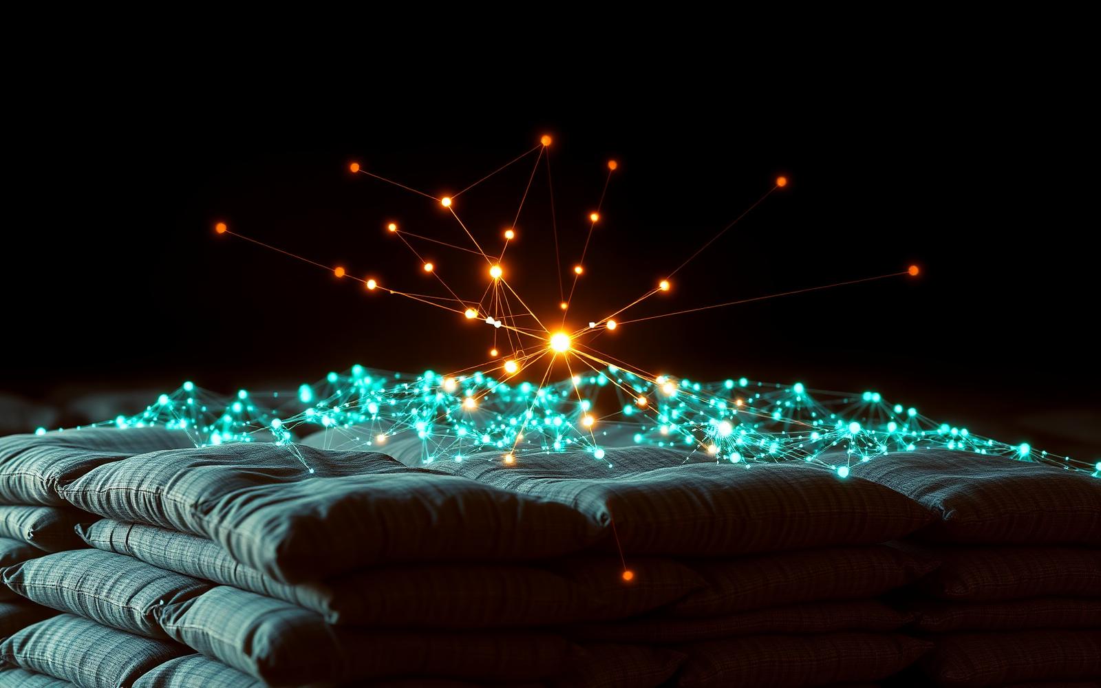 Digital network of connected data nodes above stacked commodity export sacks
