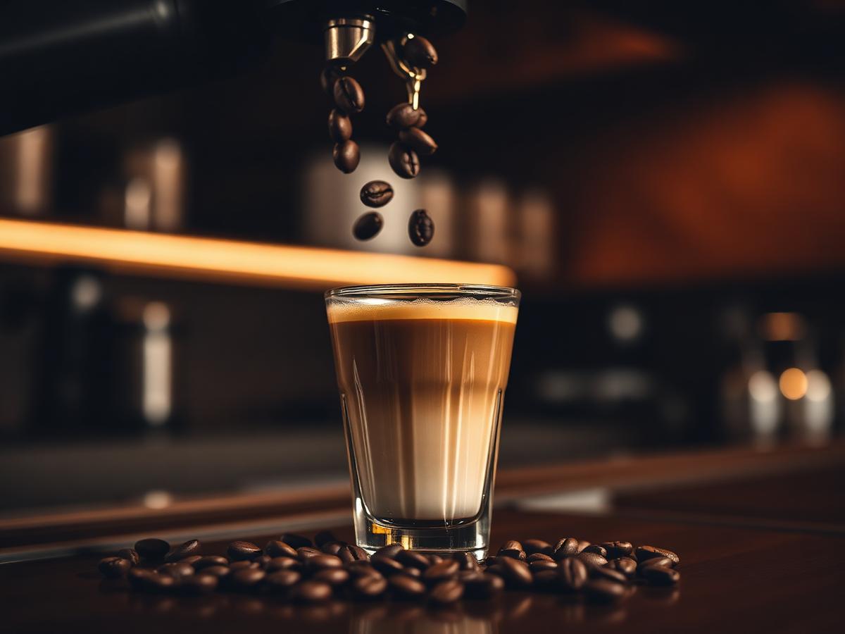 Espresso shot with rich crema surrounded by dark roasted coffee beans