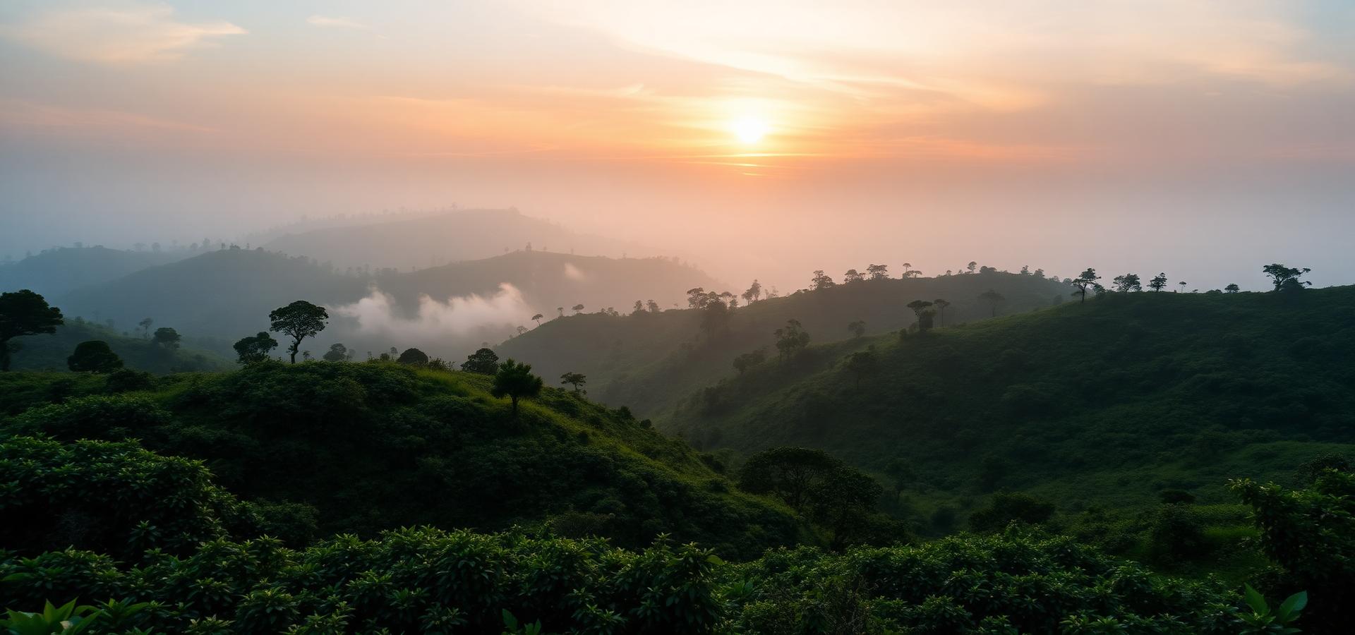 East African highland coffee plantation at sunrise