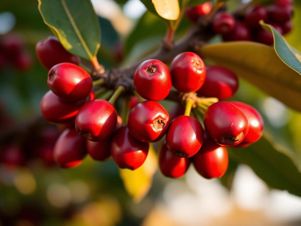 Ripe red Kenyan Arabica coffee cherries on the branch in highland light