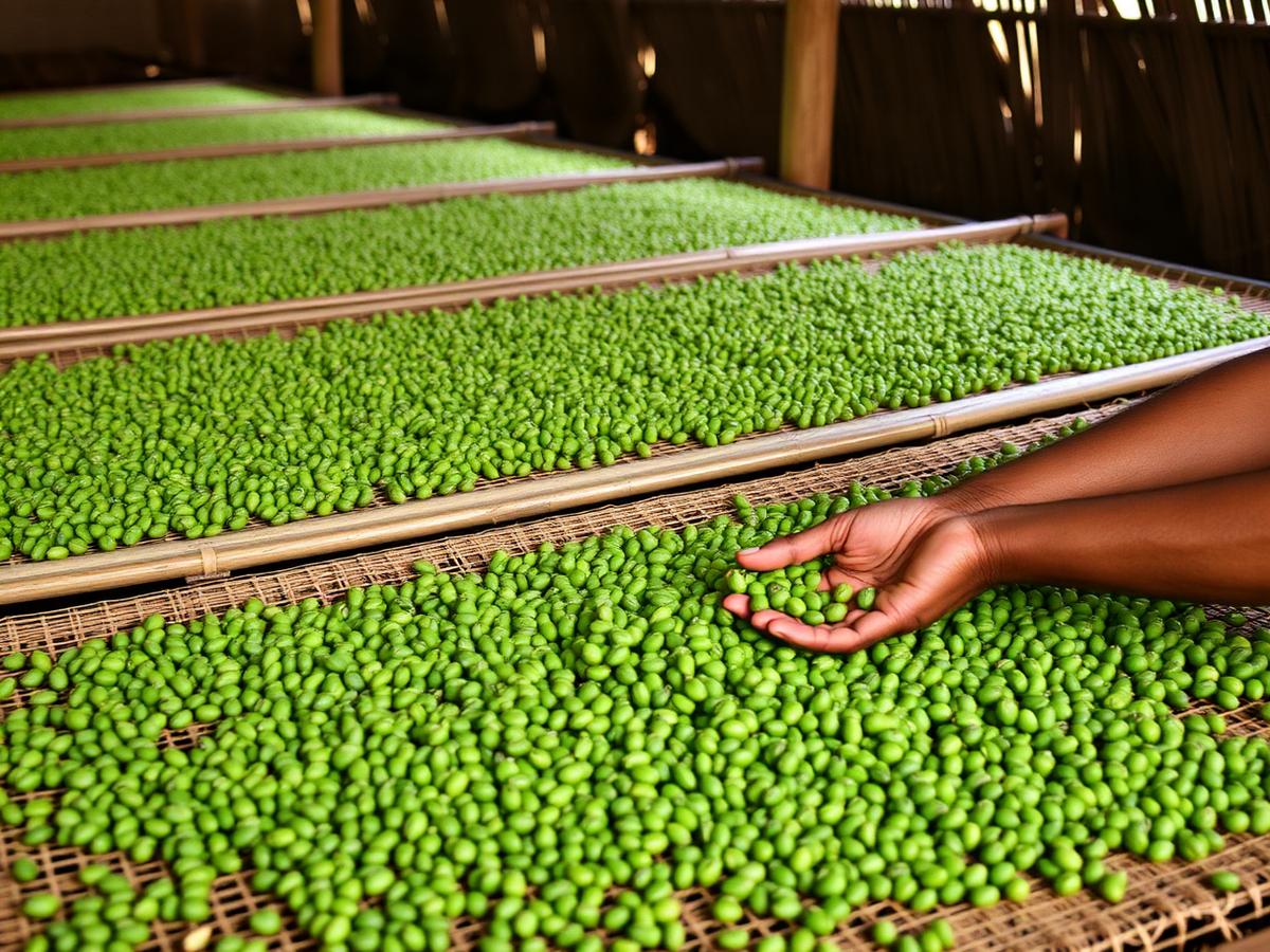 Ethiopian green coffee beans hand-sorted on raised drying beds