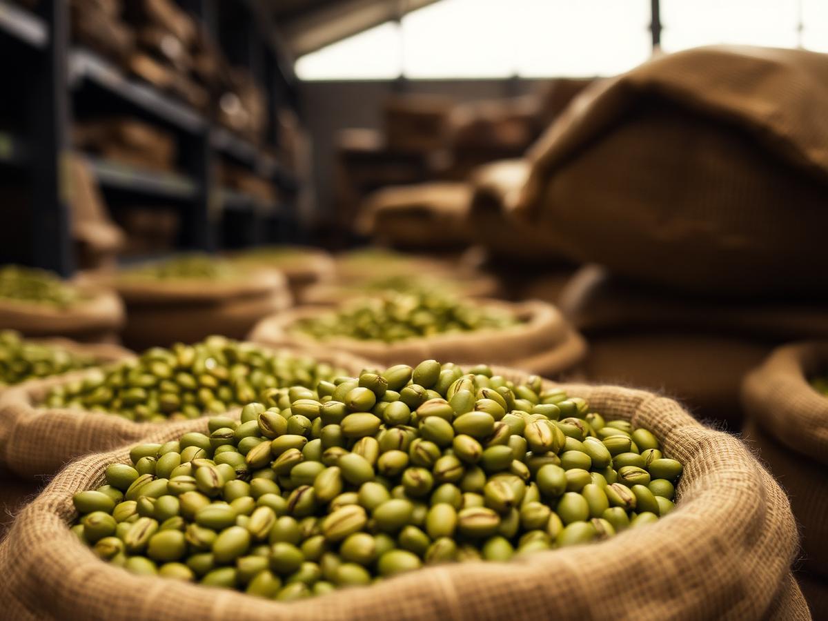 Green coffee beans in burlap export sacks in a warehouse