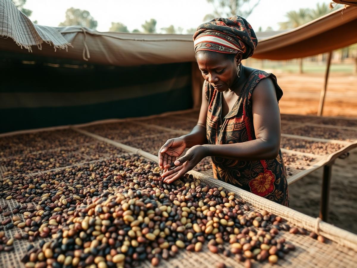 Kenyan smallholder farmer hand-sorting coffee on a raised drying bed