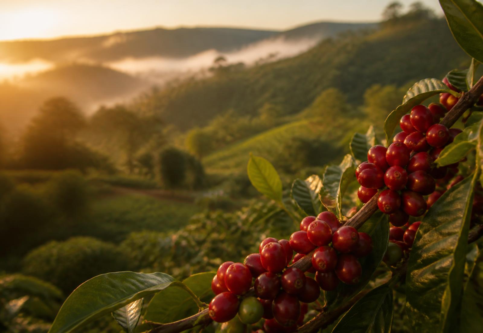 Ripe Arabica coffee cherries on a Kenyan highland farm at sunrise
