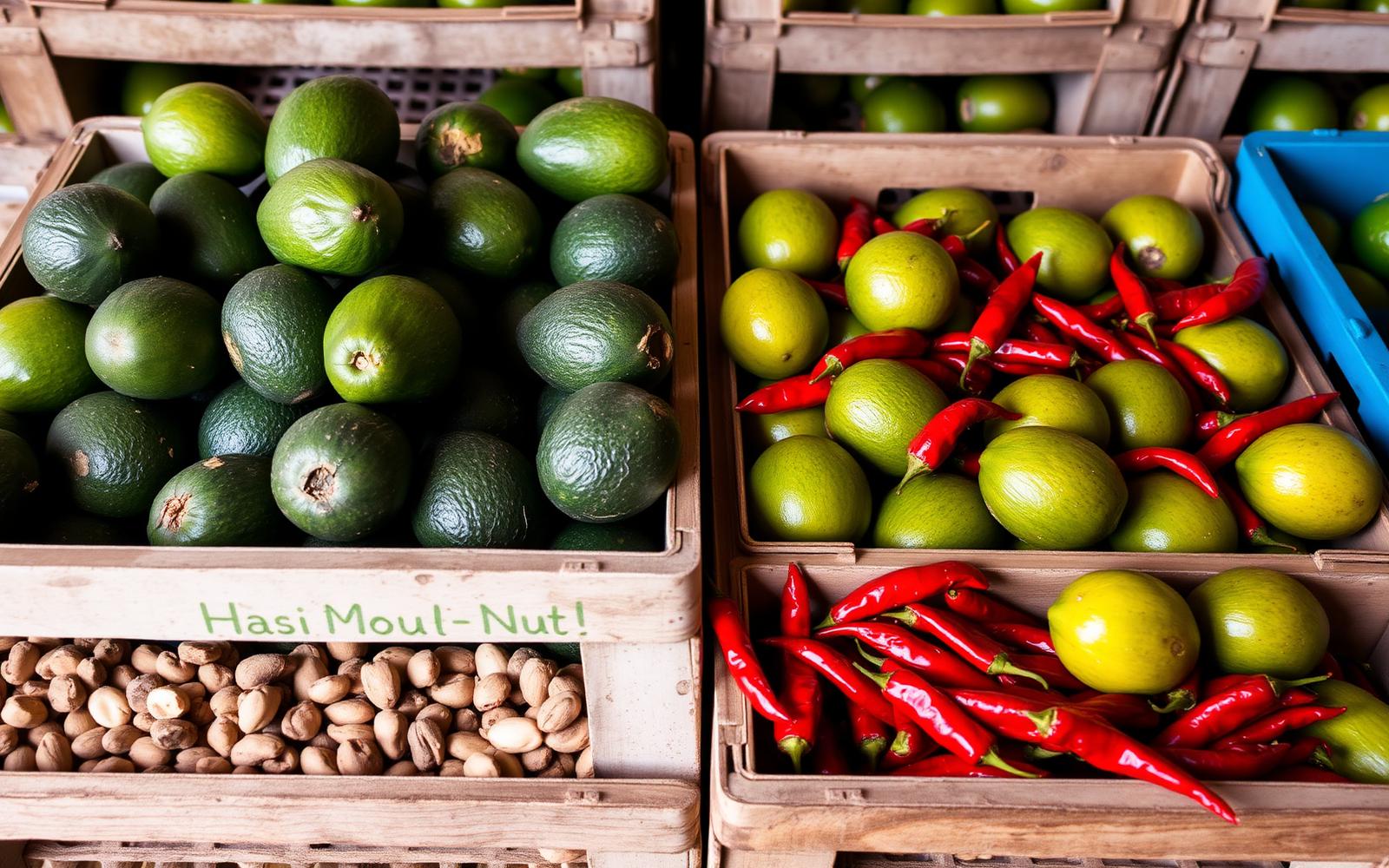Crates of fresh Hass avocados, macadamia nuts and red chillies at a Kenyan packhouse
