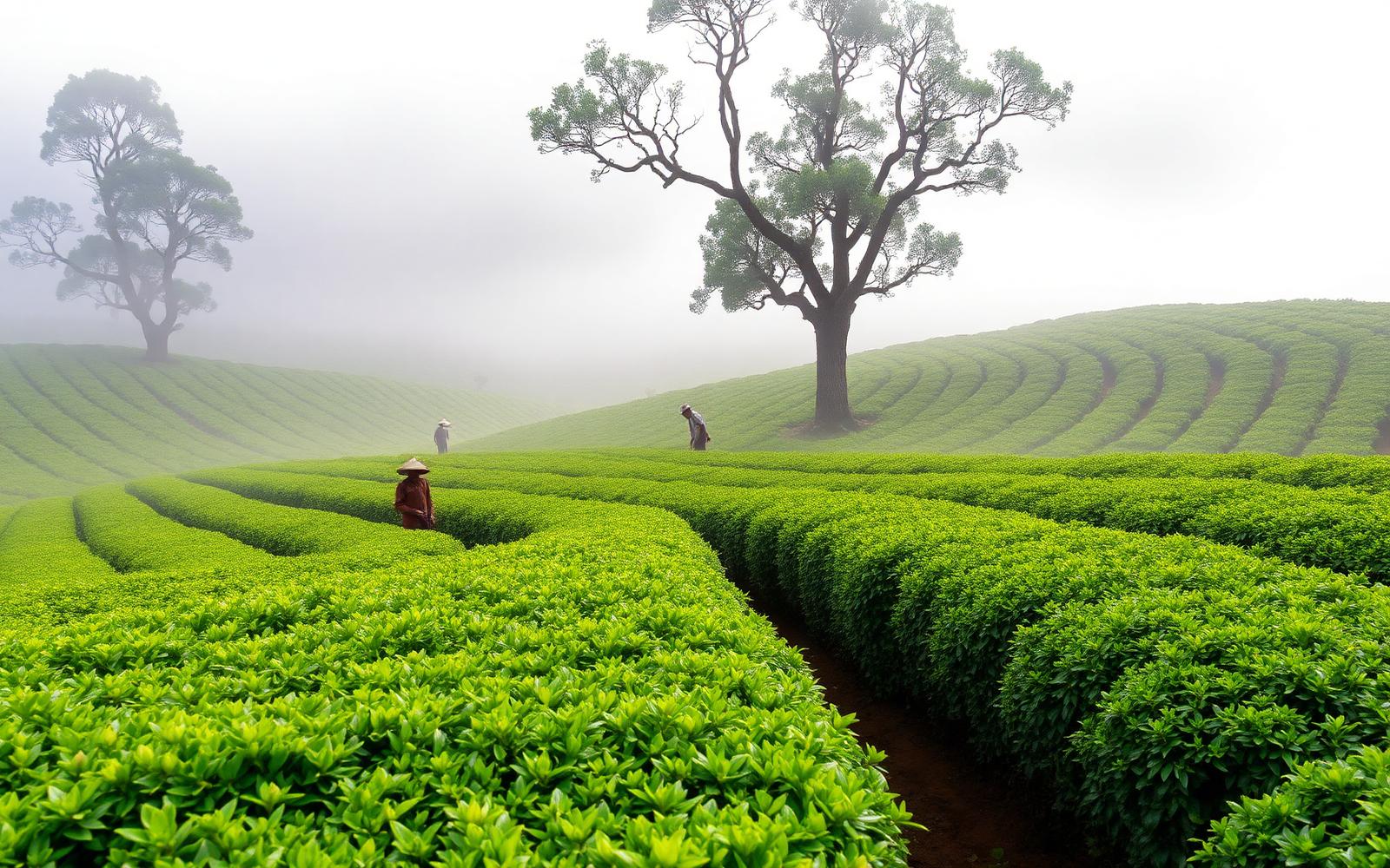 Tea pickers in the misty highland tea fields of Kericho, Kenya